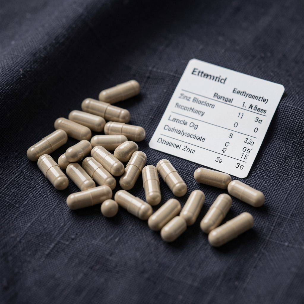 Close-up of zinc bisglycinate capsules arranged on a dark linen surface with a small reference card showing elemental data