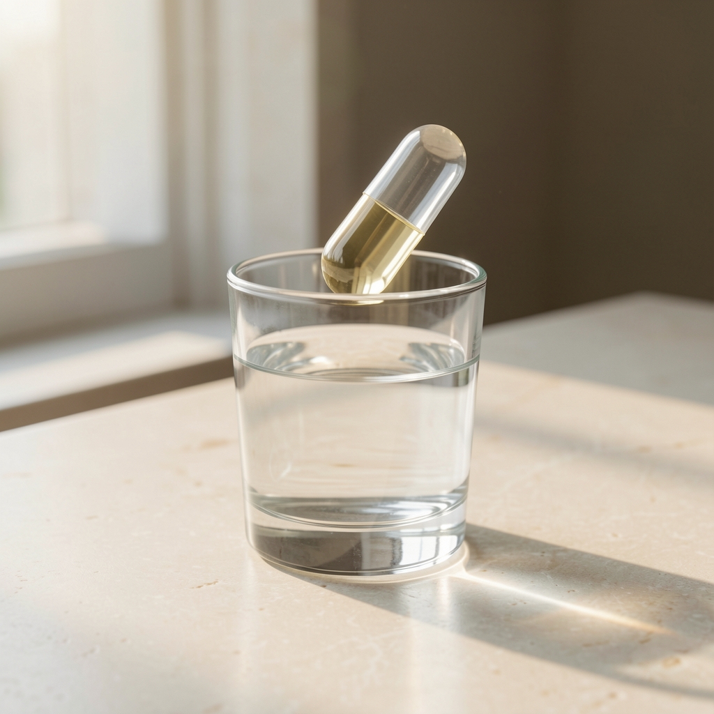 Single Mendrix capsule held over a glass of water on a clean pale stone surface, with soft morning window light