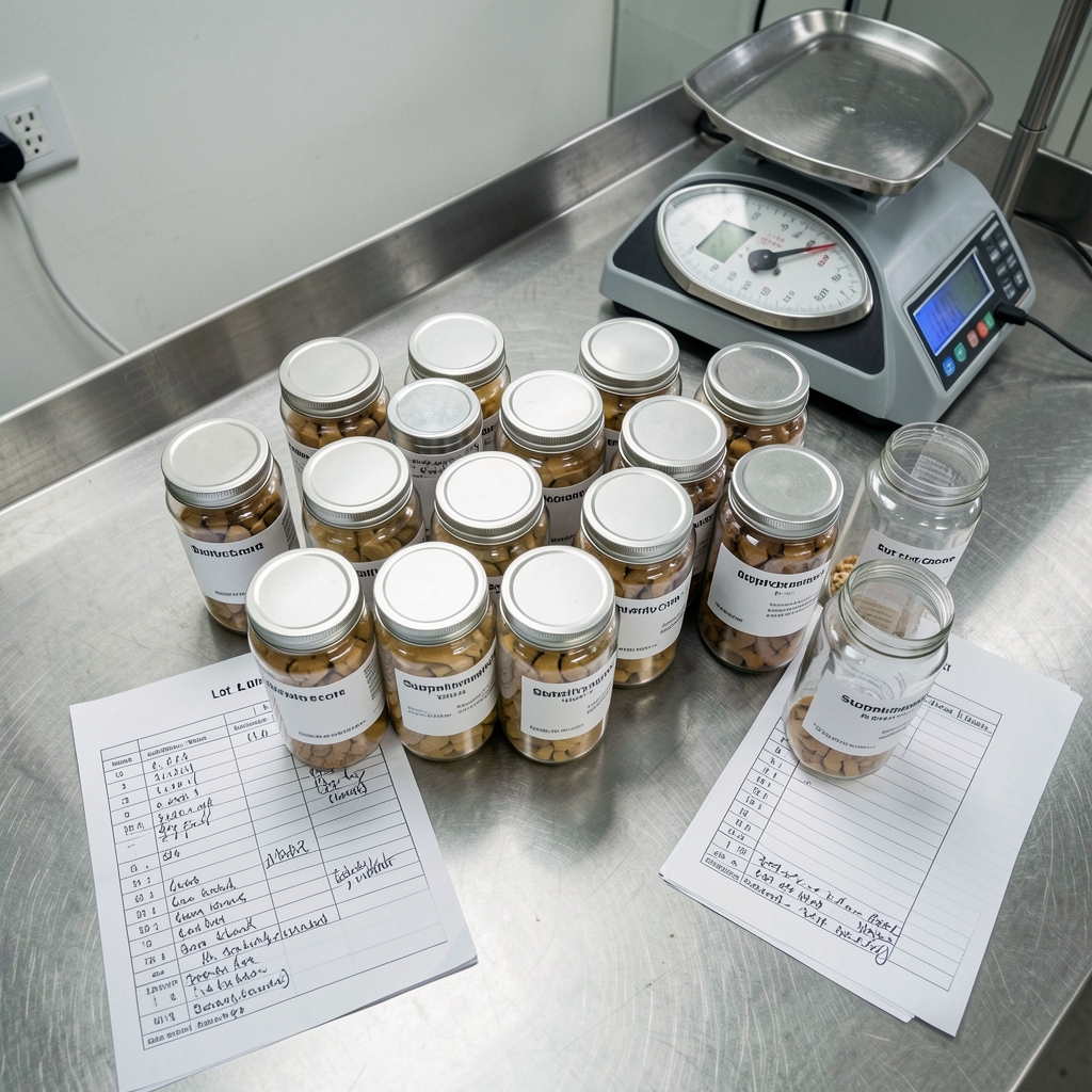 Overhead view of a supplement quality-control environment — labelled batch jars on a steel workbench with handwritten lot records and a measuring scale in the background, under controlled workspace lighting