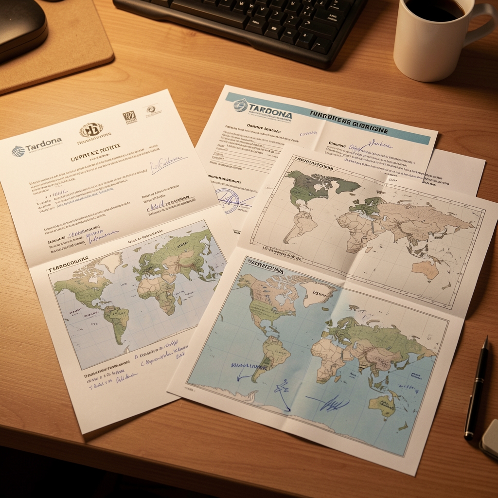 Mendrix sourcing documentation spread on a wooden desk — supplier certificates and origin maps with handwritten annotations under warm studio lighting