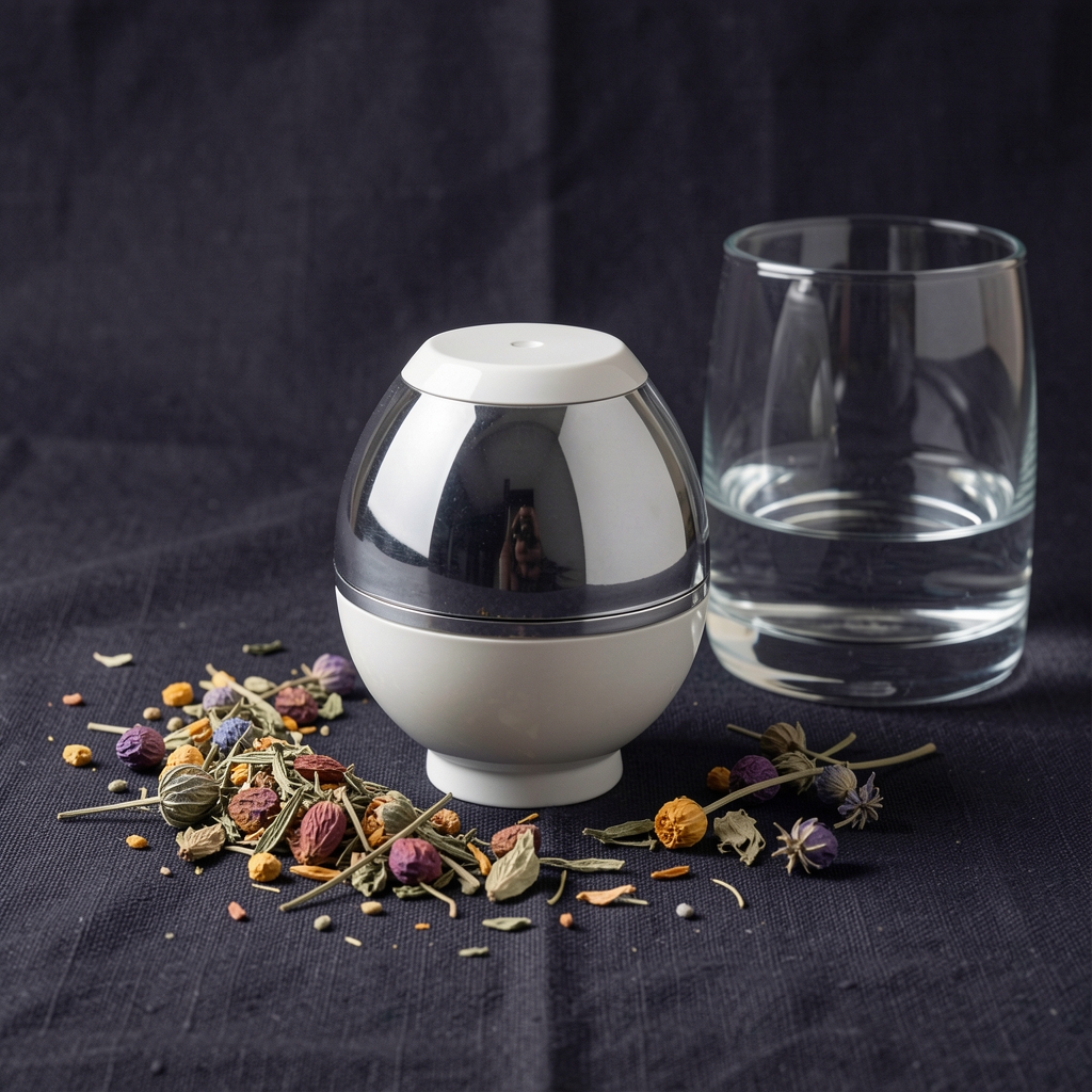 Mendrix Foundation Formula capsule jar on a dark linen surface with scattered dried herbs and a single glass of water, studio lighting