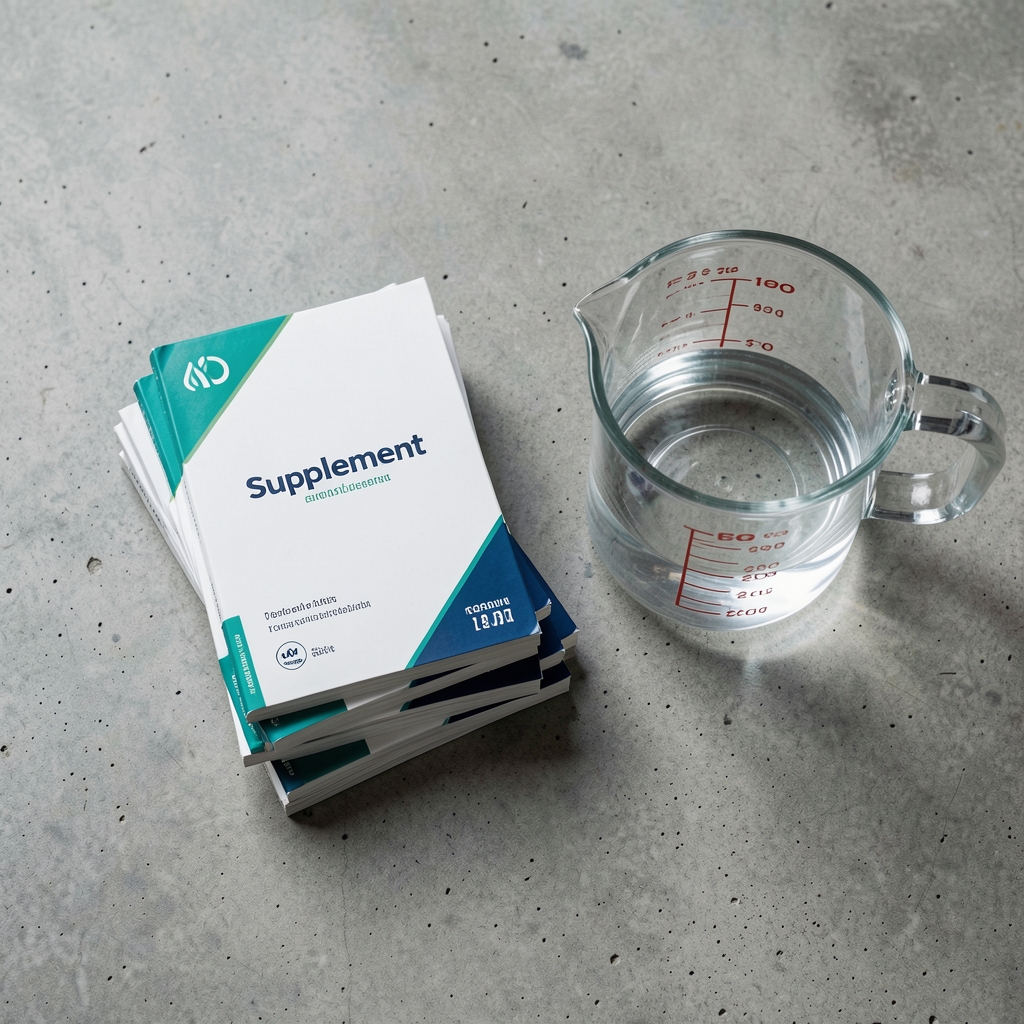 Mendrix Stamina Stack supplement package photographed from above on a concrete surface next to a glass measuring vessel with clean water