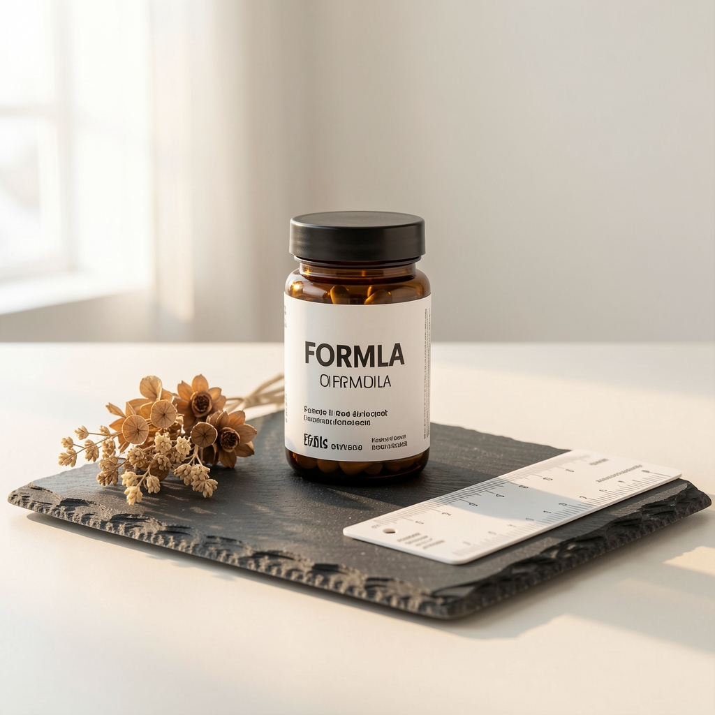Mendrix Foundation Formula capsule jar photographed on a dark stone surface beside dried botanicals and a measuring reference card under warm studio lighting