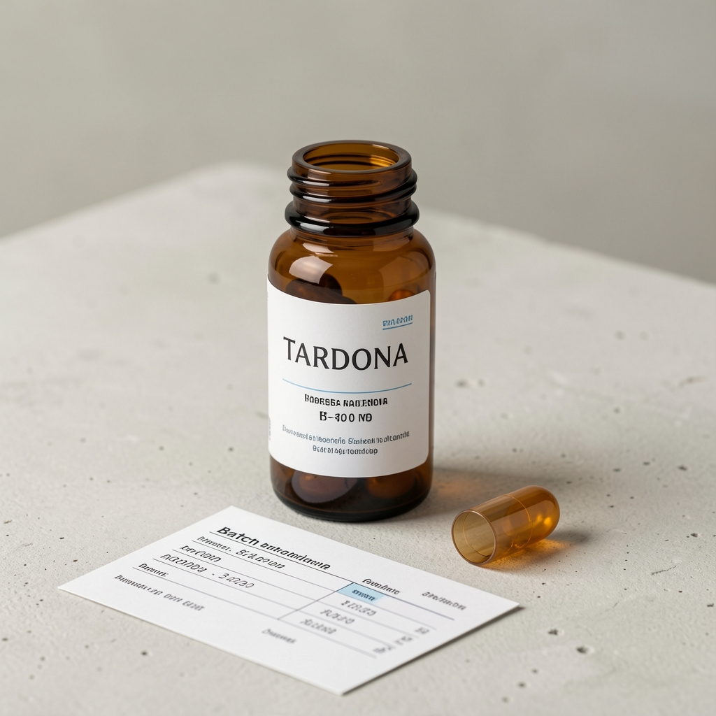 Mendrix B-Complex Daily amber glass capsule bottle on a pale concrete surface with a single open capsule beside it and batch documentation card visible