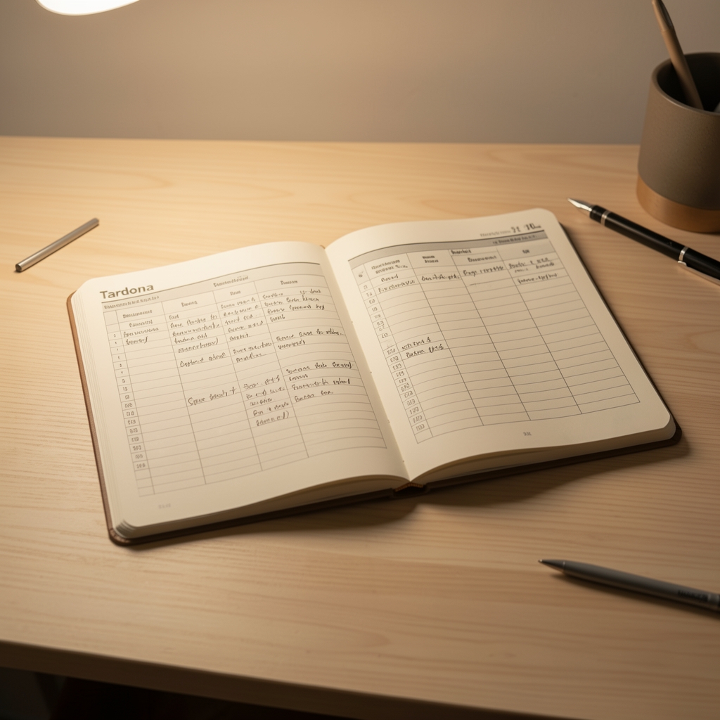 Mendrix studio workspace — open formulation notebook with handwritten batch records on a clean wooden surface under warm studio lighting